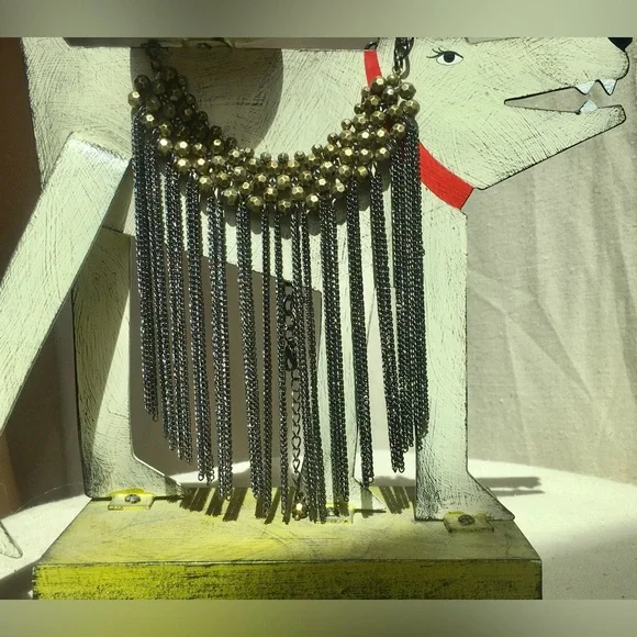 VINTAGE Bohemian statement necklace 
Gold beads and silver chain fringe tassel - Picture 4 of 4